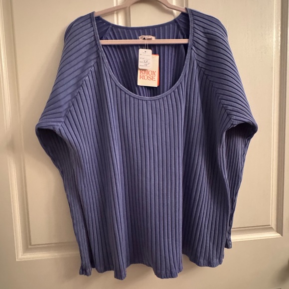 Knox Rose Women's Ribbed Short Sleeve Top in Blue - Picture 1 of 8